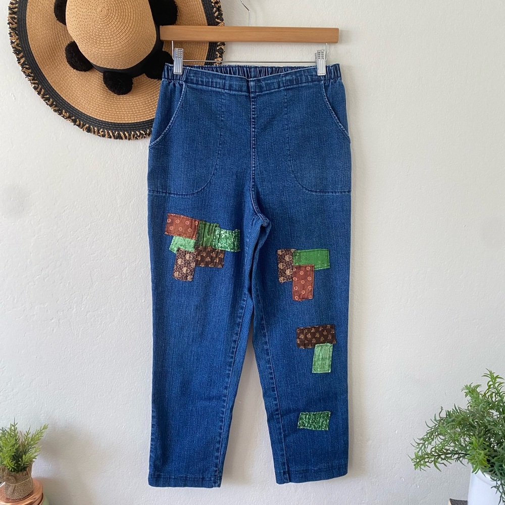 Croft & Barrow Boho Patchwork Pull On Stretch Denim Pants Comfort Lagenlook